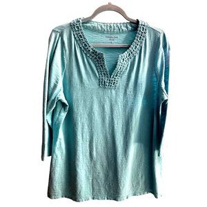 Coldwater Creek sz L 14 turquoise 3/4 sleeve cotton crochet trim split neck top